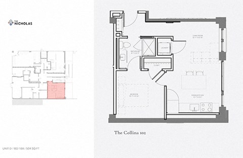 Floor plan for 1 bed, 1 bath, 518 sqft